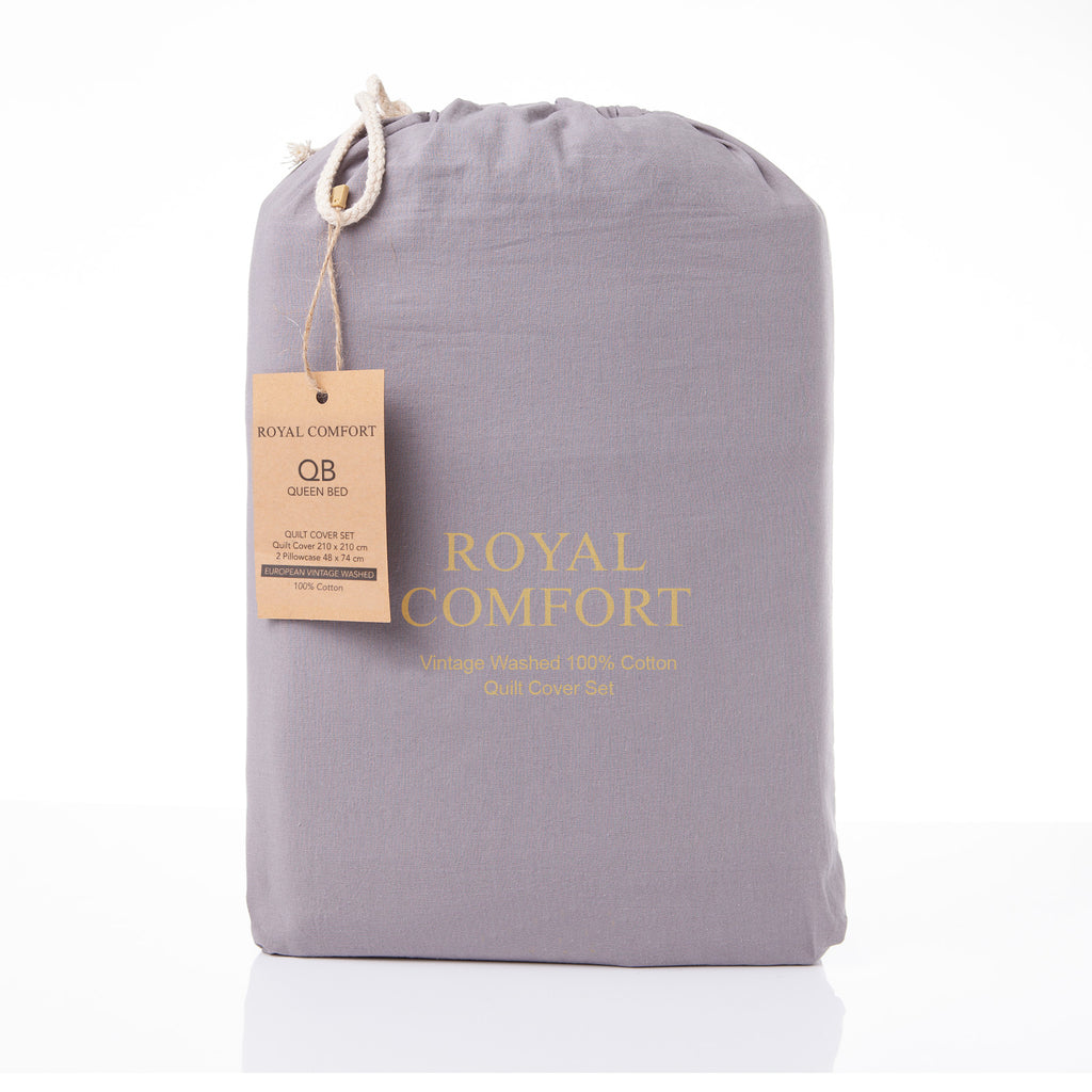 Royal Comfort Vintage Washed 100 % Cotton Quilt Cover Set Double - Grey