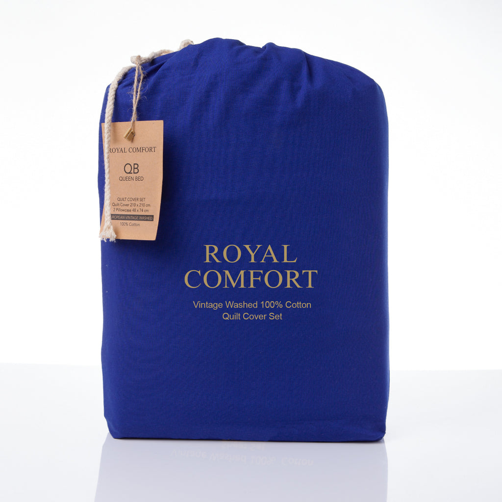 Royal Comfort Vintage Washed 100 % Cotton Quilt Cover Set Queen - Royal Blue