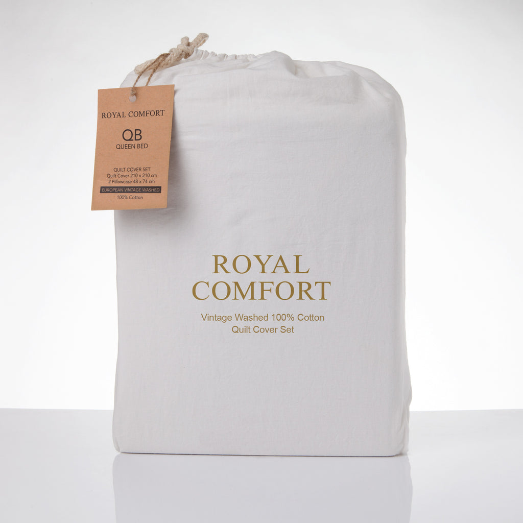 Royal Comfort Vintage Washed 100 % Cotton Quilt Cover Set King - White