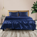 DreamZ Silky Satin Sheets Fitted Bed Sheet Pillowcases Summer King Single Blue