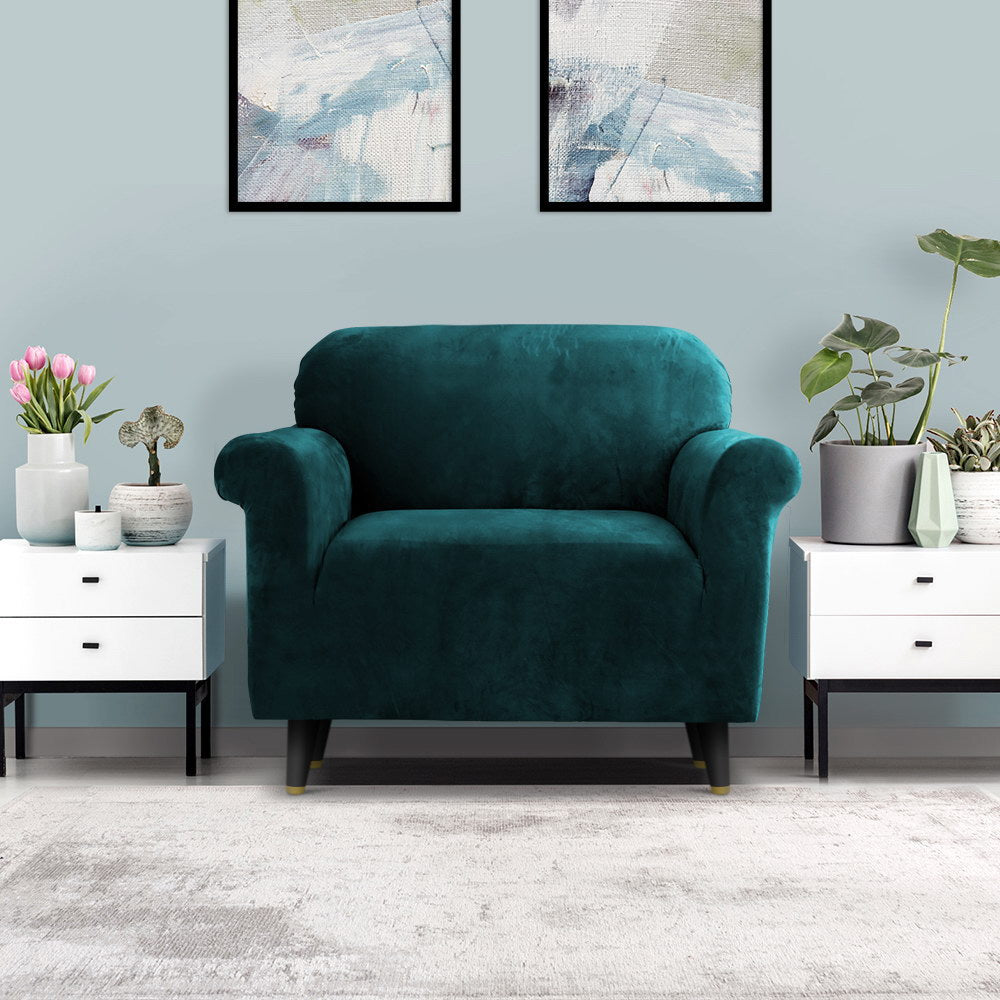 Artiss Velvet Sofa Cover Plush Couch Cover Lounge Slipcover 1 Seater Agate Green
