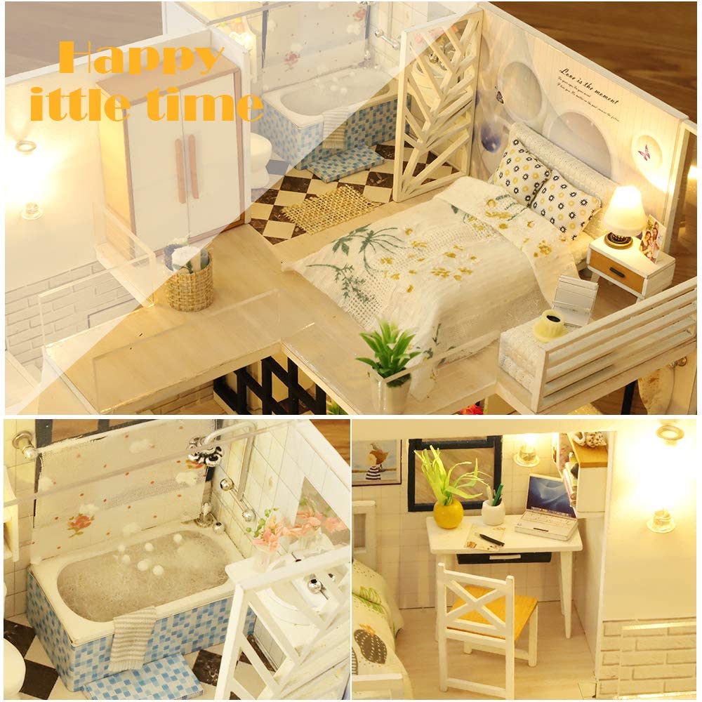 Dollhouse Miniature with Furniture Kit Plus Dust Proof and Music Movement - Happy time (1:24 Scale Creative Room Idea)
